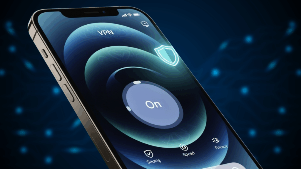 VPN app active on iPhone screen with security, speed, and privacy features highlighted.