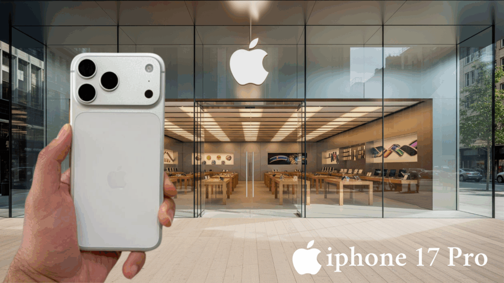A hand holds a silver iPhone concept with a large camera module in front of an Apple Store.